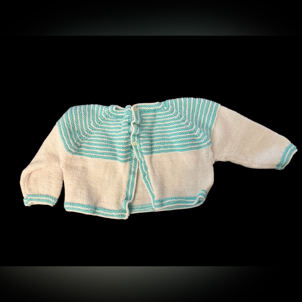 Handmade  Acrylic White and Aqua Striped Knit Baby Cardigan